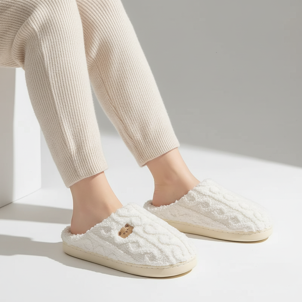 Warm gray women's winter slippers with soft fleece lining and non-slip sole.