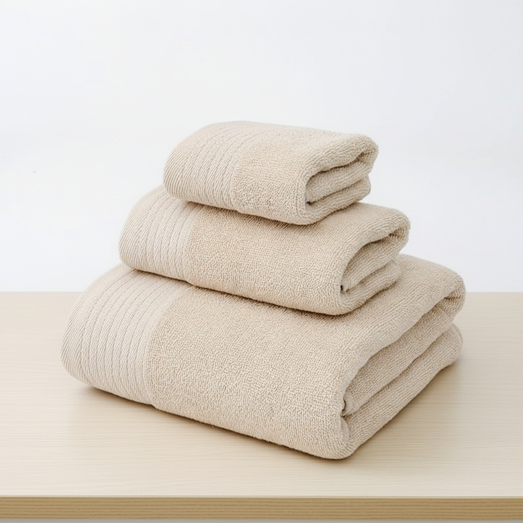 Folded Plush Relax cotton towel set, ready for use in a cozy home bathroom