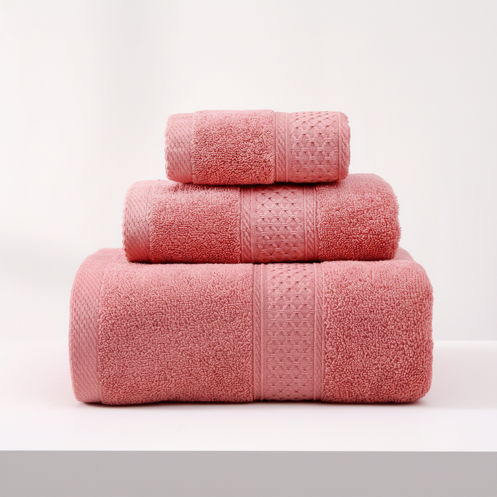 Close view of the plush loops of a RelaxWrap cotton bath towel, emphasizing its absorbency