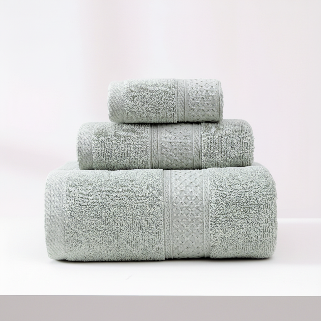 RelaxWrap unisex cotton bath towel in a bathroom with decorative elements, soft and inviting