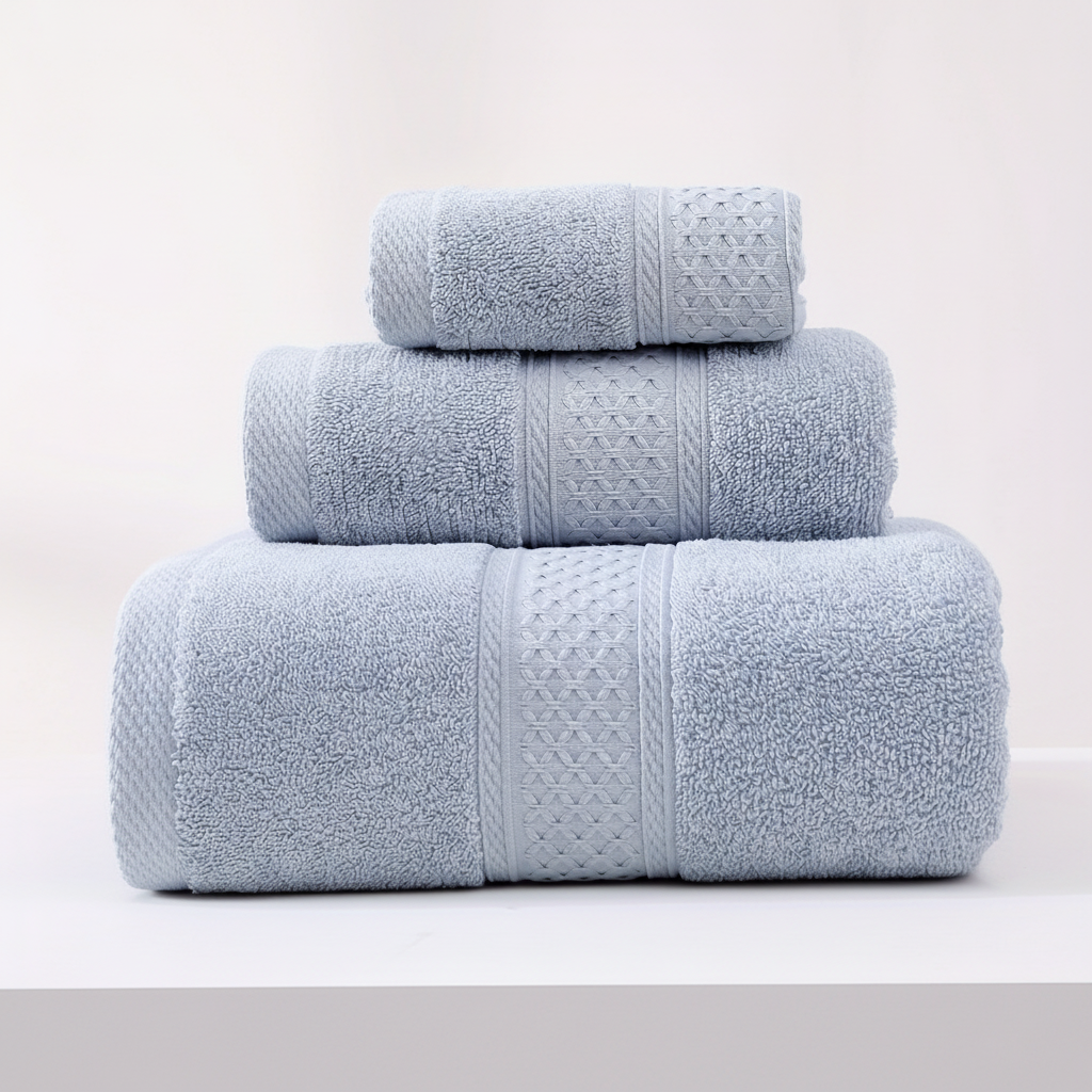 Detail of a RelaxWrap plush absorbent cotton towel's hem, highlighting its durability
