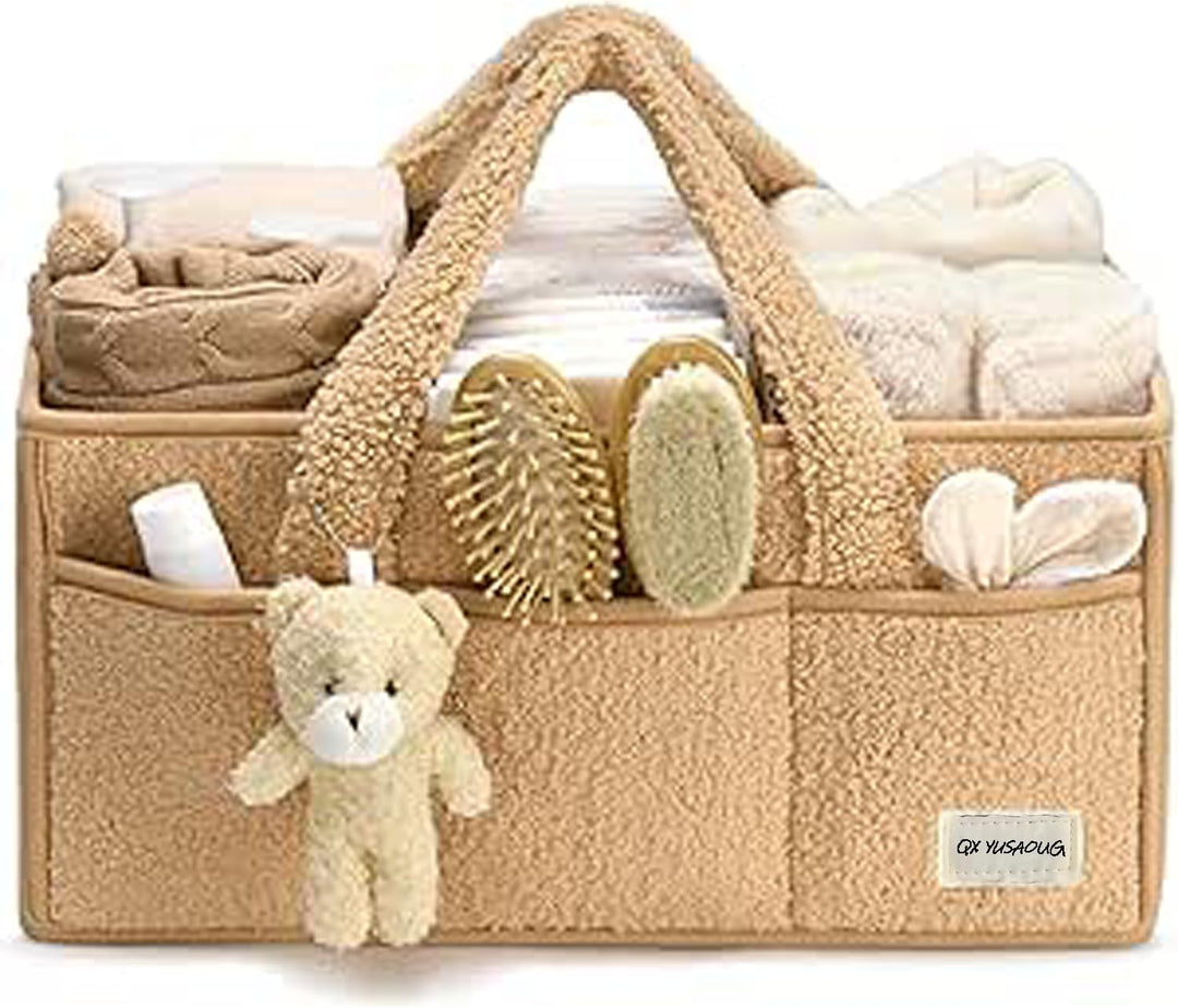 Plush sherpa baby nappy caddy organizer with removable dividers, soft pink, nursery storage essential