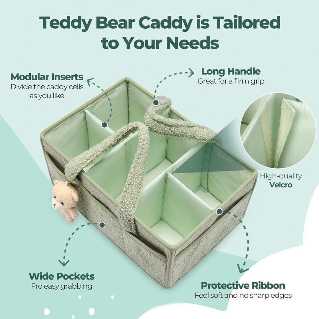 Green sherpa baby nappy caddy in a nursery setting, blending with modern decor, essential storage