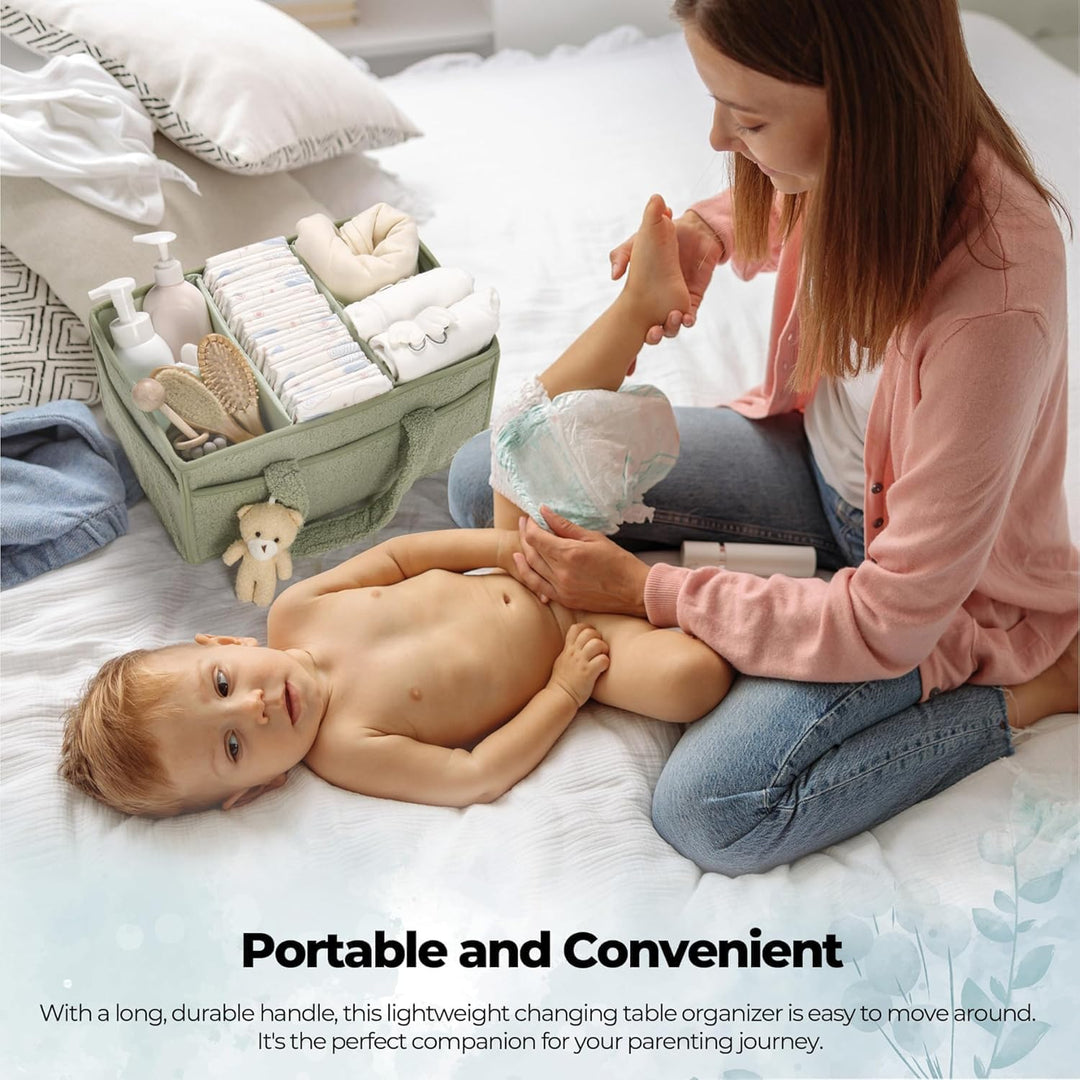 White sherpa baby caddy with a plush toy peeking out, cute and functional nursery accent