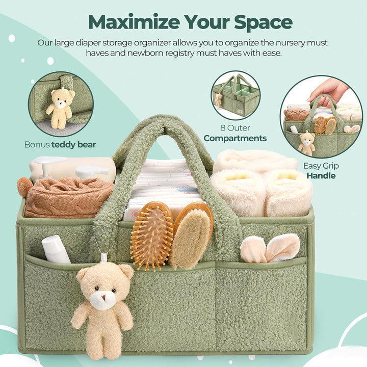 Stack of folded baby clothes inside a pink sherpa nappy caddy, organized and neat
