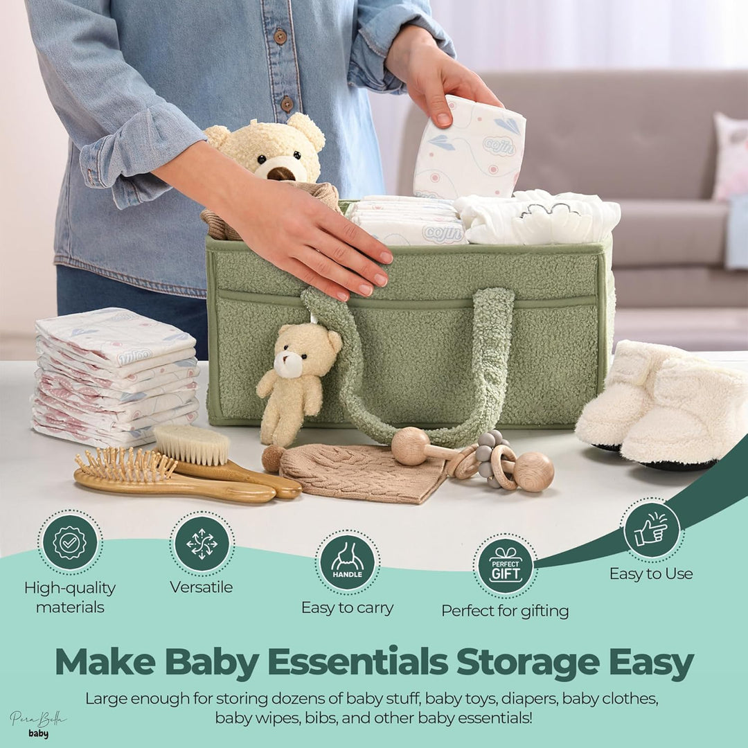 Green sherpa baby caddy, showing detailed stitching and quality craftsmanship, long-lasting use