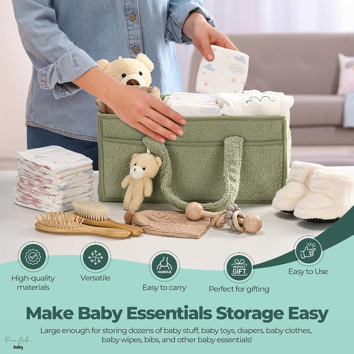 Green sherpa baby caddy, showing detailed stitching and quality craftsmanship, long-lasting use