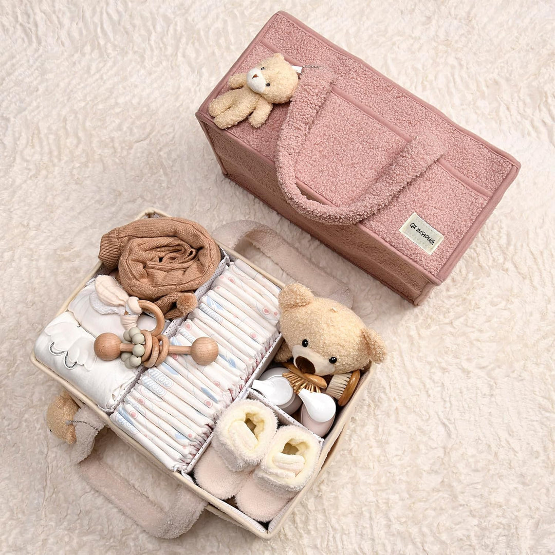 Beige sherpa diaper caddy with baby creams and powders, hygienic storage, easy access