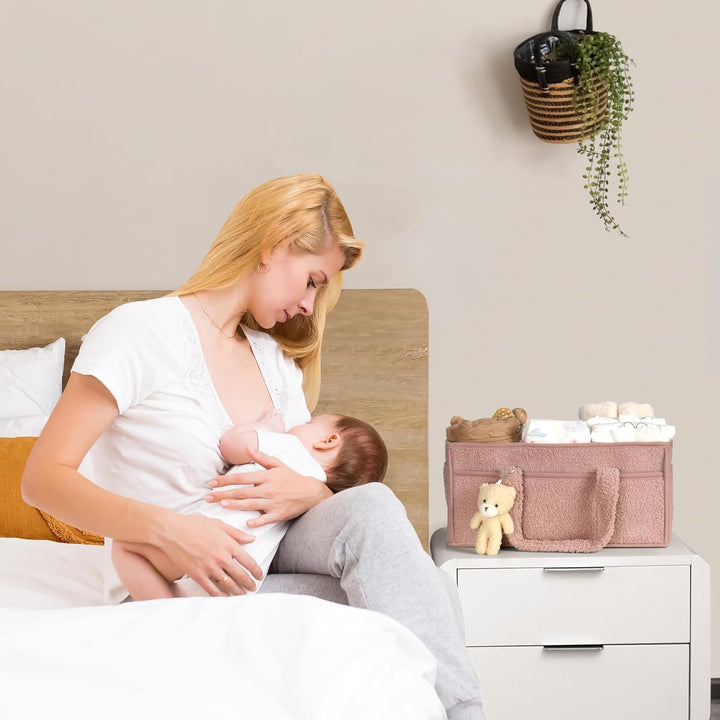 White sherpa nappy organizer with handles, ready for portability between rooms