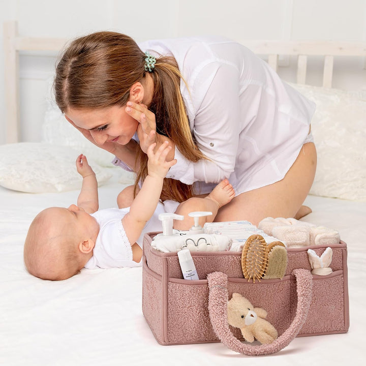 Beige Elvoria sherpa storage caddy in natural light, highlighting its soft texture