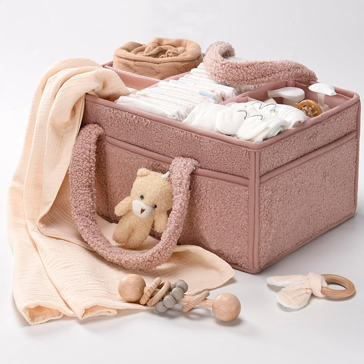 White sherpa nappy caddy, eco-friendly material, safe for baby's delicate skin