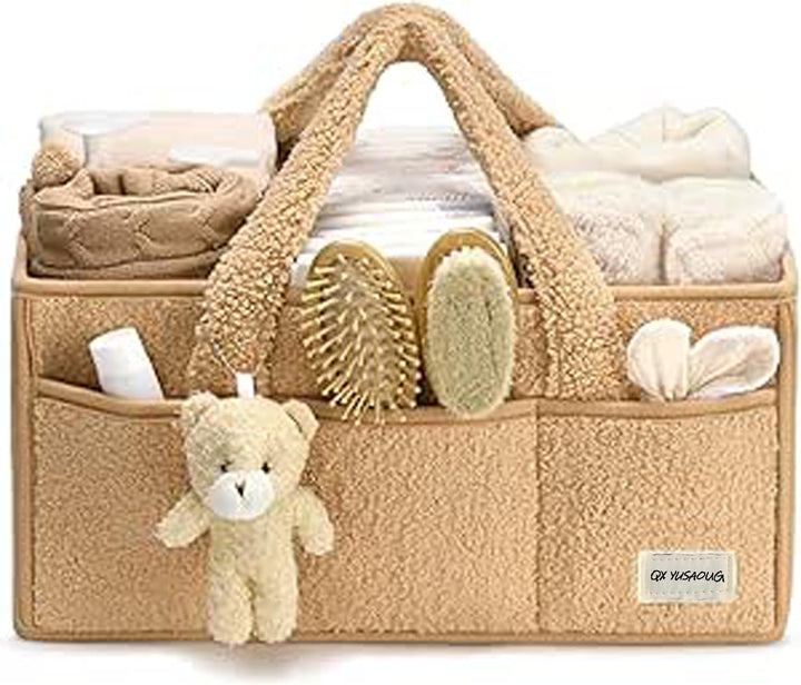 White sherpa baby caddy on a nursery shelf, blending form and function seamlessly