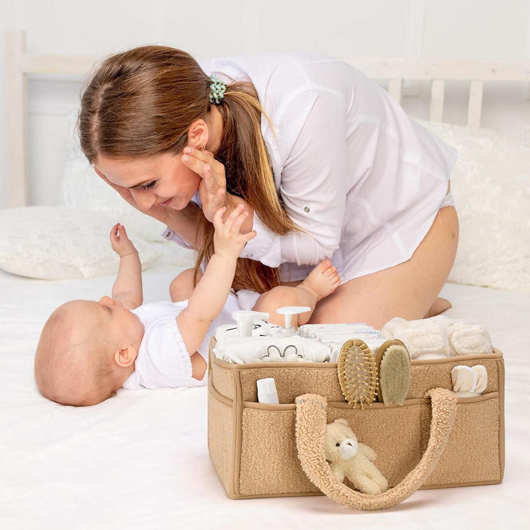 Pink sherpa baby caddy from Elvoria, high-quality plush material for durable use