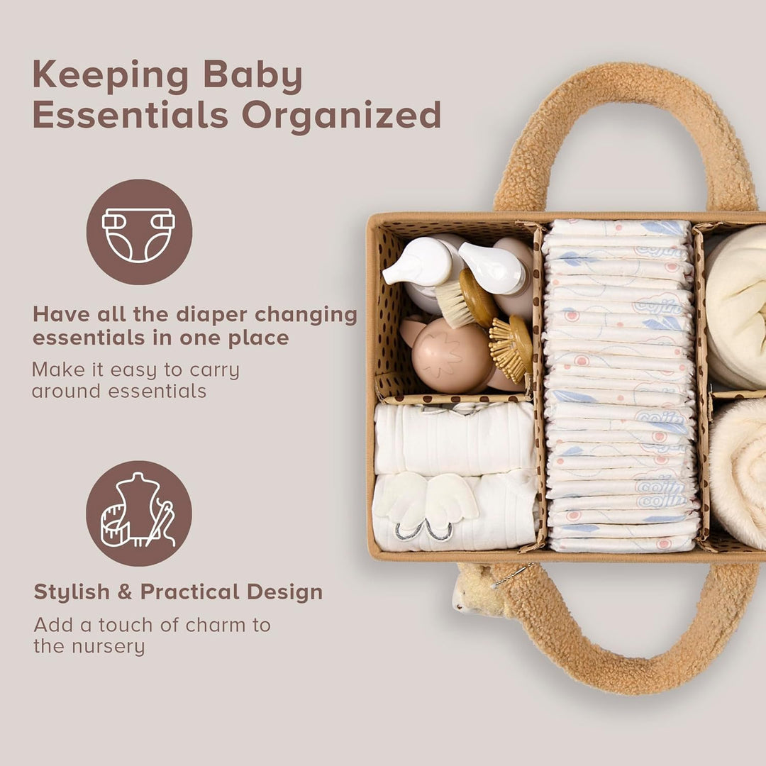 Beige sherpa diaper caddy, an essential item for any new parent's registry, thoughtful gift