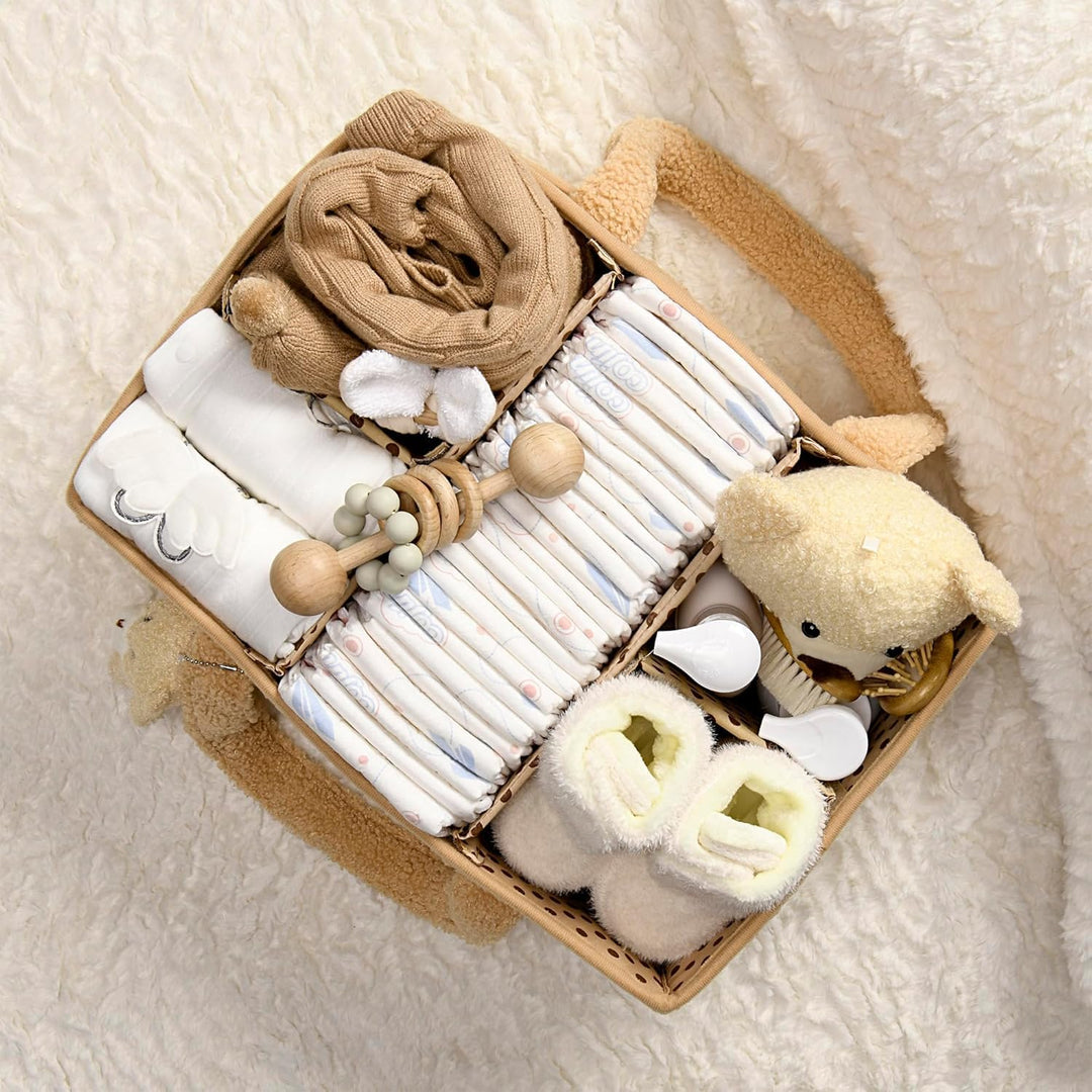White sherpa baby caddy with empty compartments, ready for personalized organization