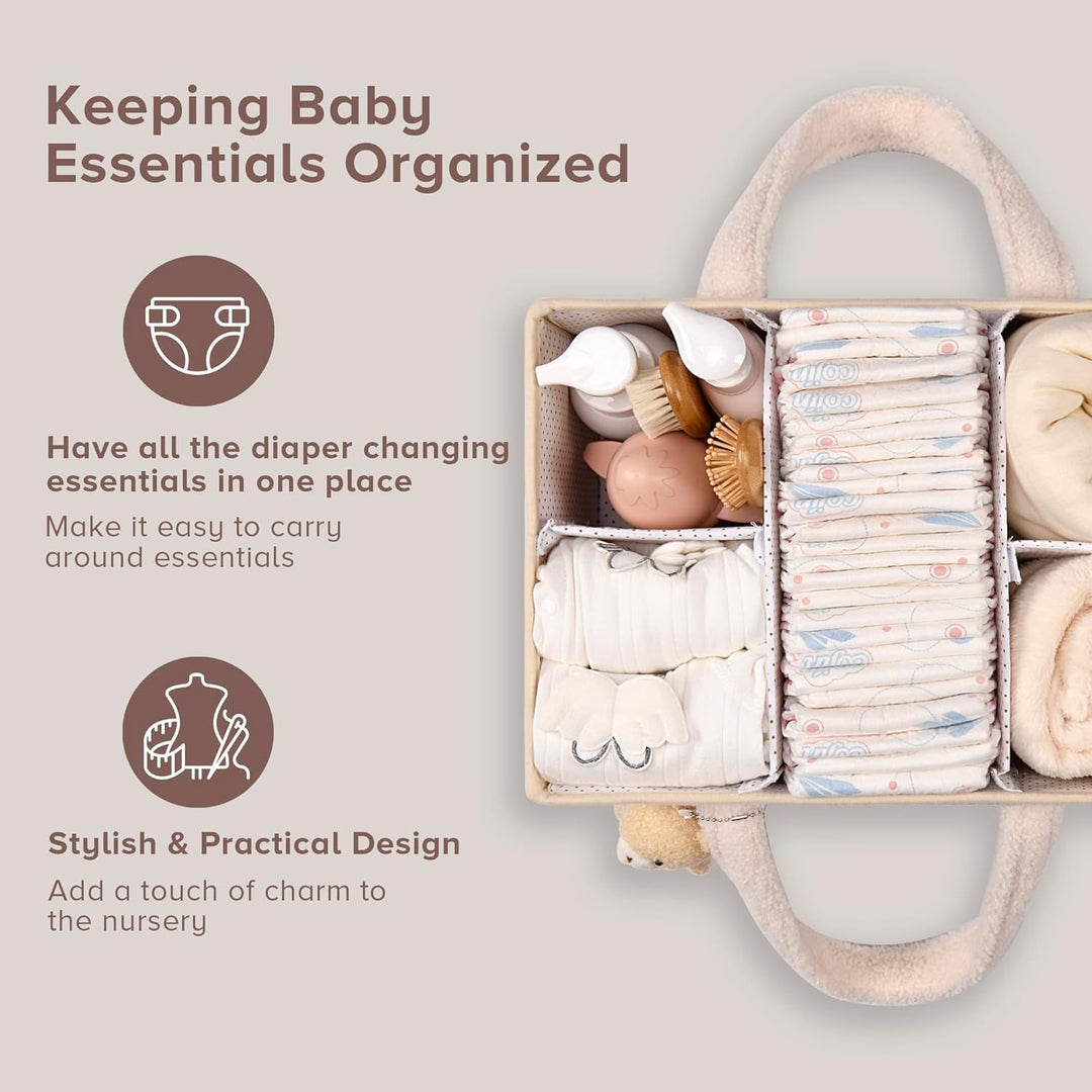 White sherpa baby organizer, sleek design, fits perfectly in a modern nursery