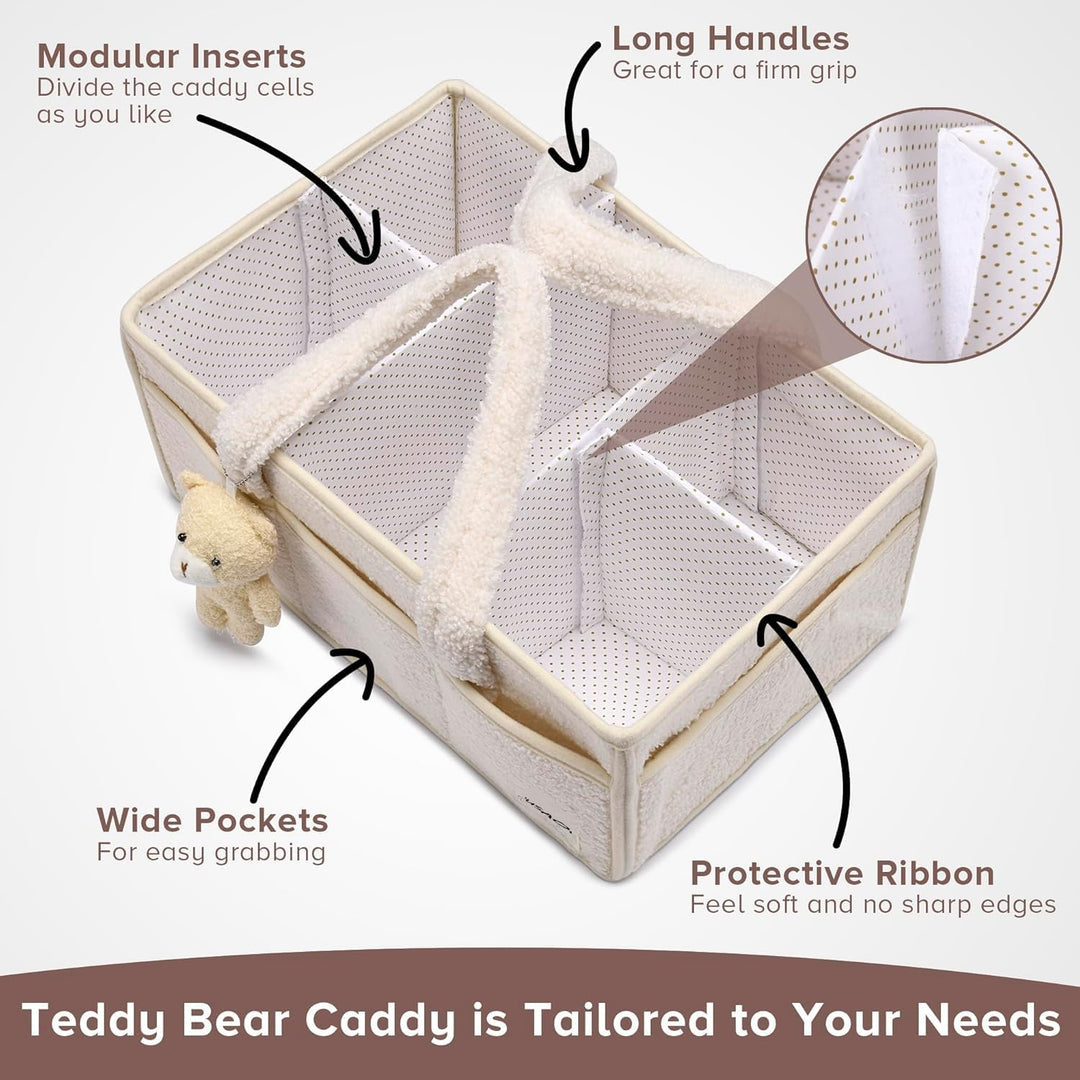 Pink sherpa nappy caddy, lightweight and portable, ideal for travel with baby