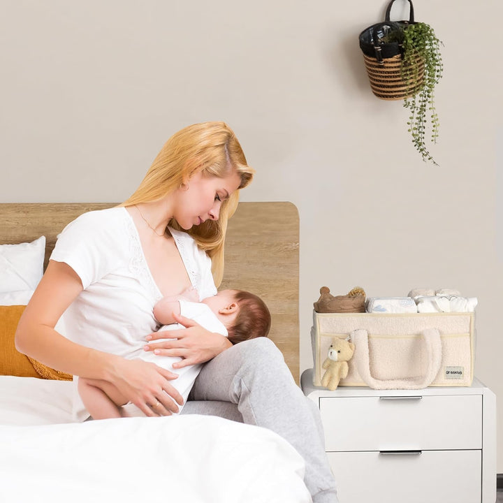 White sherpa storage caddy, for diapers, wipes, and lotions, all in one place