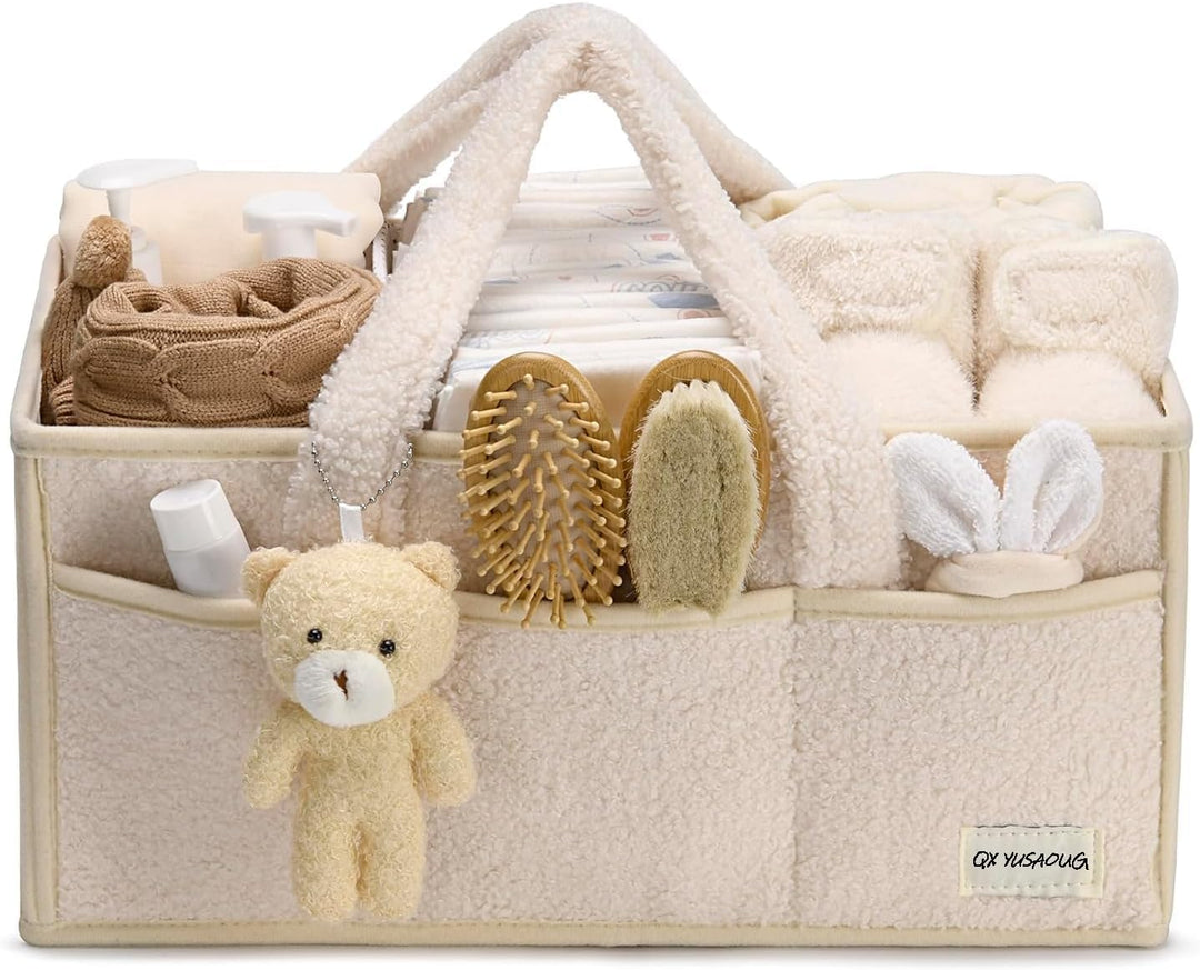 Beige sherpa diaper caddy, a thoughtful baby gift for expecting parents, very useful