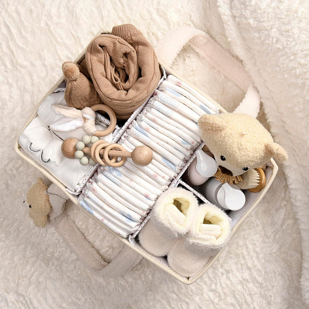 Pink sherpa baby caddy for nursery organization, stylish and functional storage solution