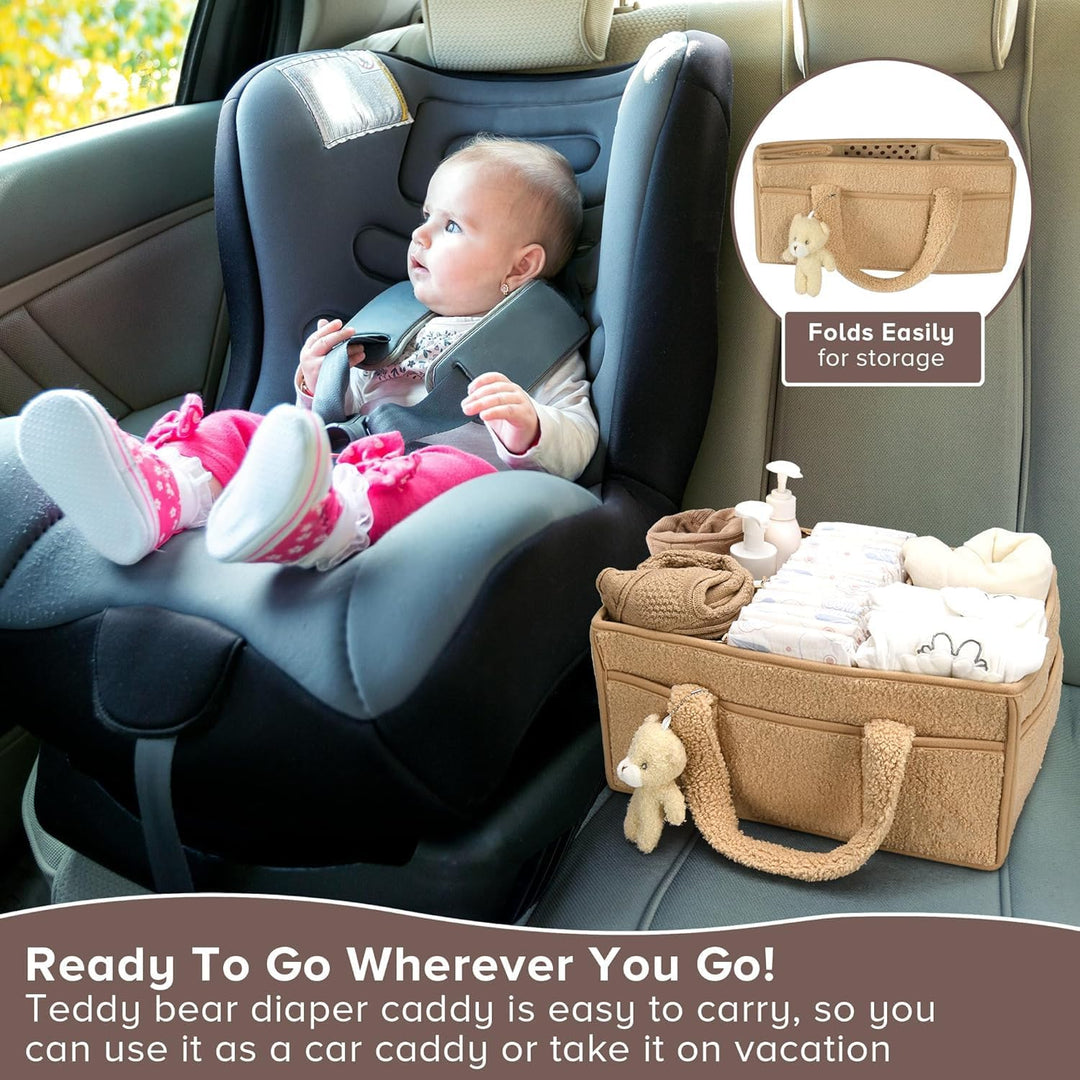 Beige sherpa diaper caddy showing removable dividers, ready for customizable baby storage