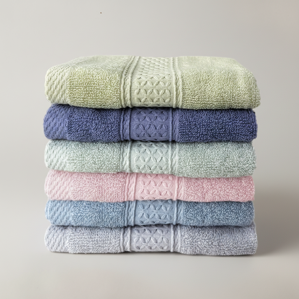 Luxurious five-star hotel bathroom featuring a neatly stacked, rustic style six-piece cotton towel set