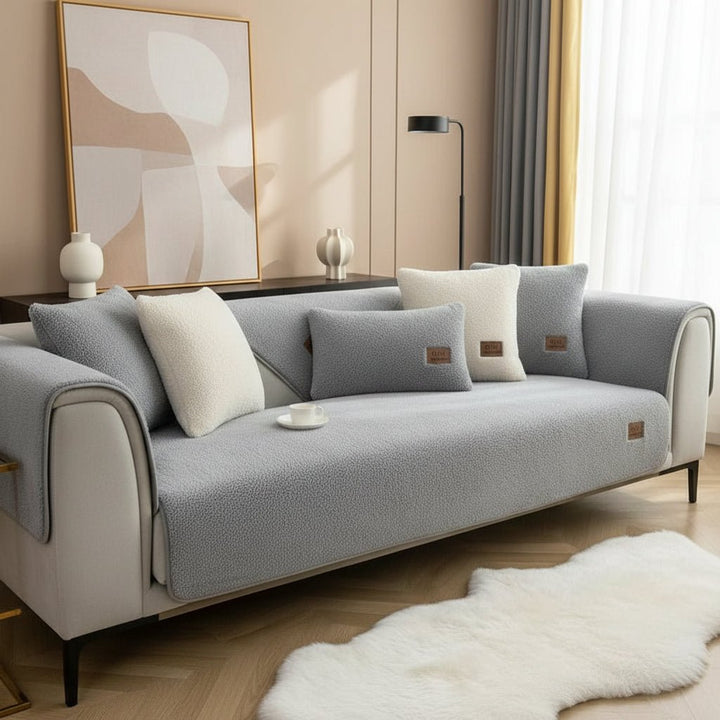 Plush sofa cover in a cozy living room. Ultimate comfort & furniture protection for your home decor.