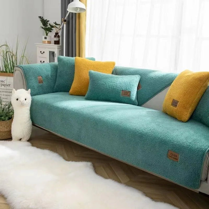 Easy care polyester plush sofa cover. Simple to clean furniture protector, adds warmth & comfort to living room.
