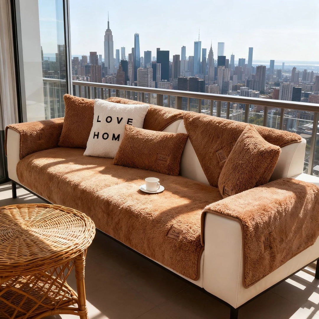 Soft polyester plush sofa cover. Anti-slip, pet-friendly couch protector, perfect for winter warmth.