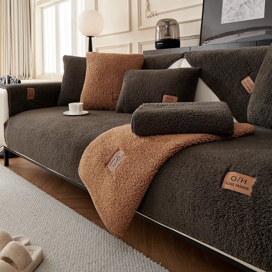 Close-up of soft polyester plush sofa cover fabric. Ensures ultimate comfort & cozy home decor.