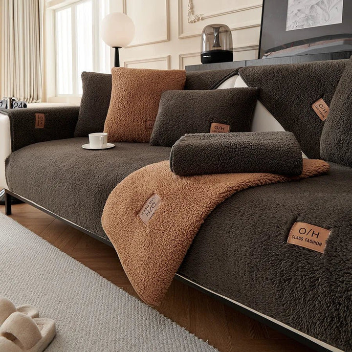 Close-up of soft polyester plush sofa cover fabric. Ensures ultimate comfort & cozy home decor.