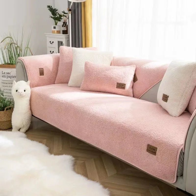 Warm plush sofa cover for winter comfort. Cozy polyester couch protector, ideal for chilly living rooms.