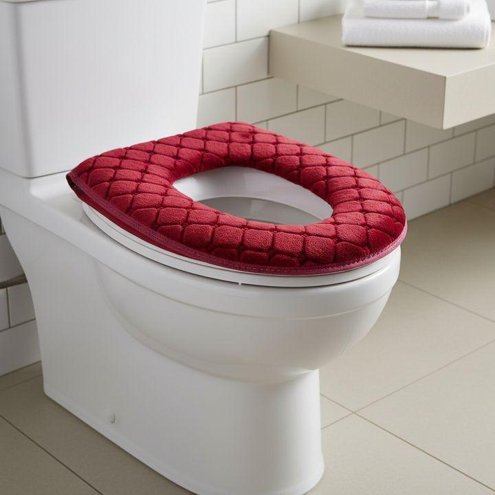 Plush, soft, washable toilet seat cover in Universal style, adding comfort and hygiene to any bathroom decor