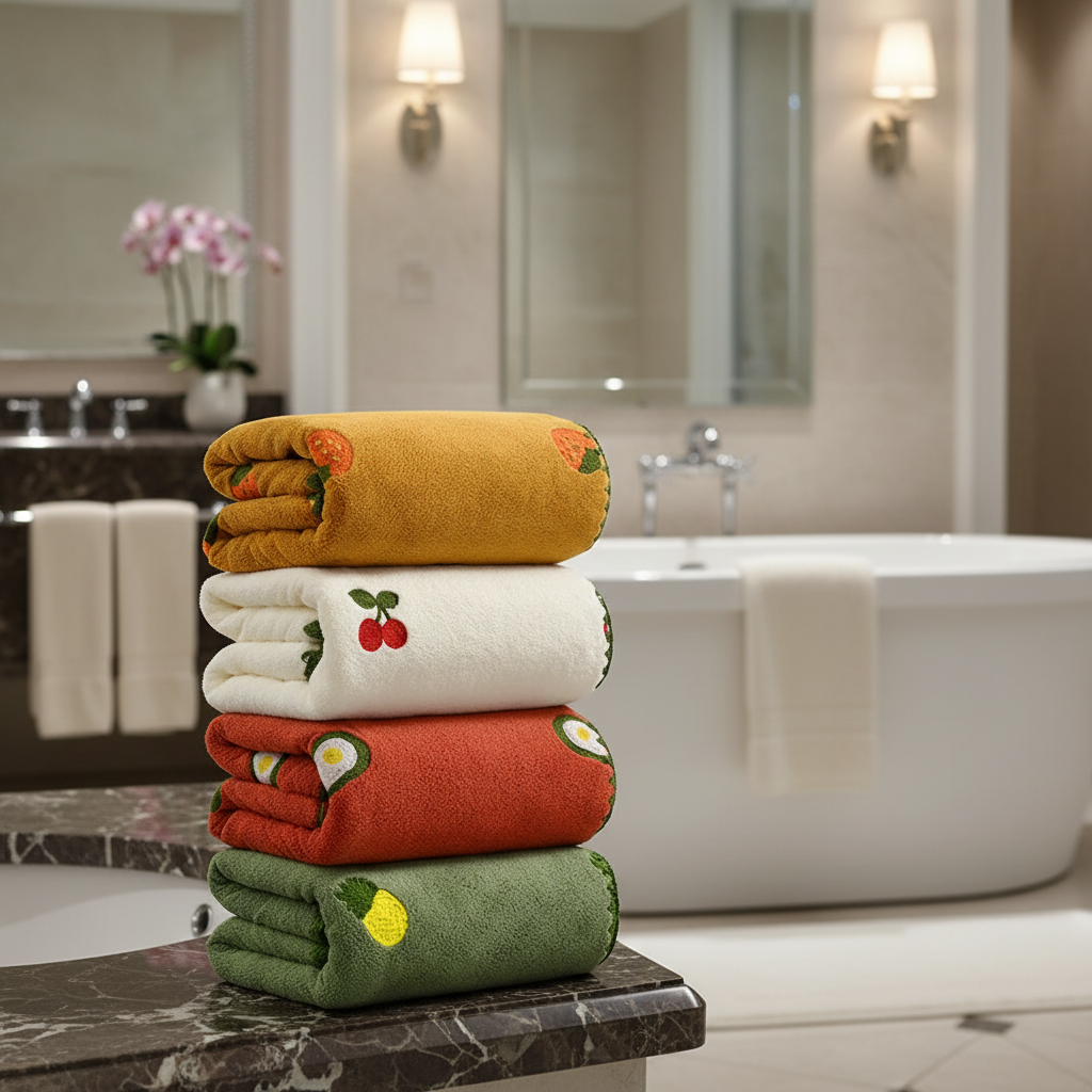 Plush unisex bath towel with vibrant fruit embroidery, absorbent cotton for quick drying
