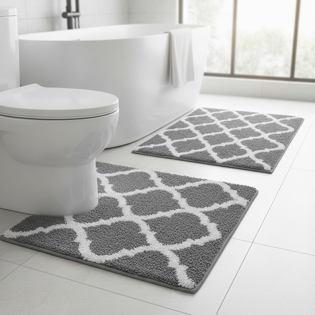 Plush unisex microfiber bath mat set, soft, absorbent, and non-slip for bathroom comfort.