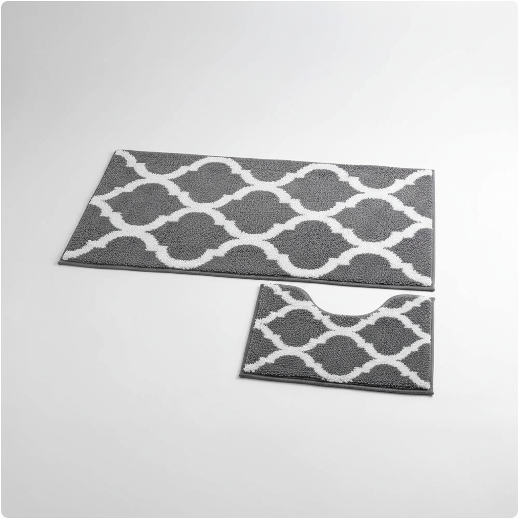 Soft gray microfiber bath mat and contour rug set, quick dry and absorbent for modern bathrooms.
