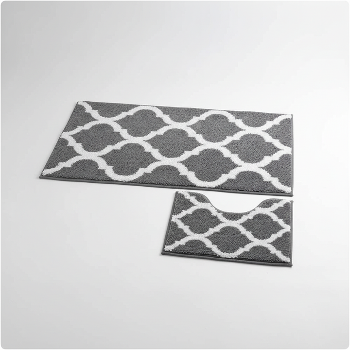 Soft gray microfiber bath mat and contour rug set, quick dry and absorbent for modern bathrooms.