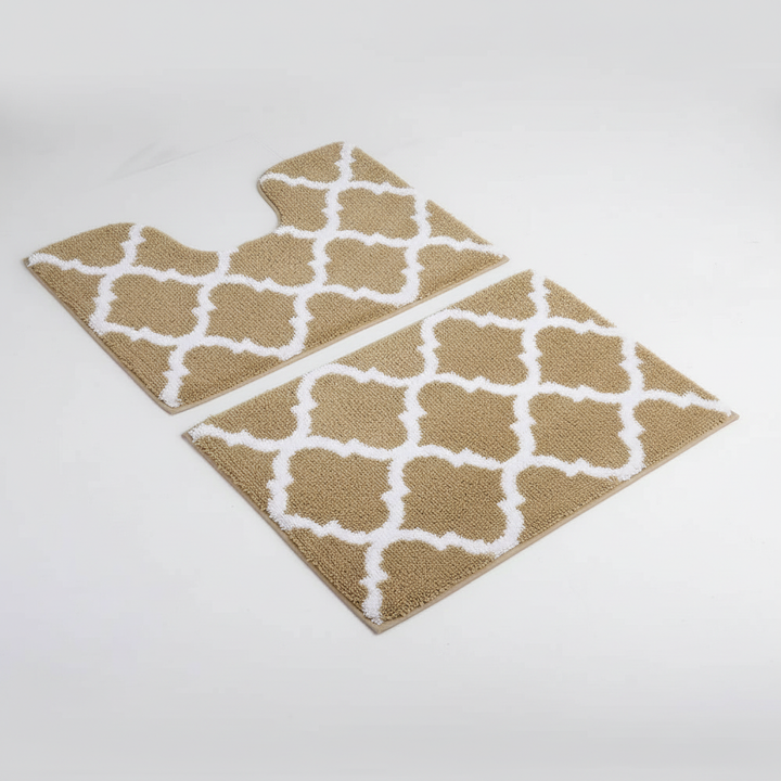 Two-piece microfiber bath mat set, a soft, washable and non-slip addition to bathroom decor.