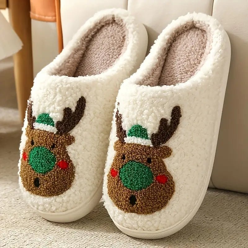 Plush unisex winter house slippers with festive deer motif & non-slip sole. Cozy & warm indoor footwear.