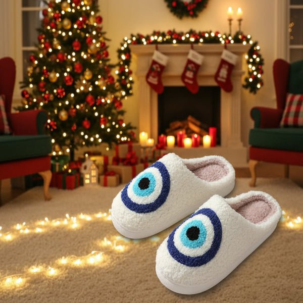 Festive deer winter house slippers. Warm, plush, non-slip, & cozy unisex indoor footwear for cold days.
