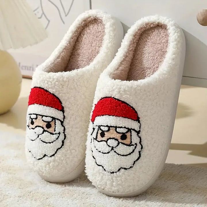Cozy Christmas deer motif slippers for men & women. Warm, plush, & non-slip winter indoor footwear.