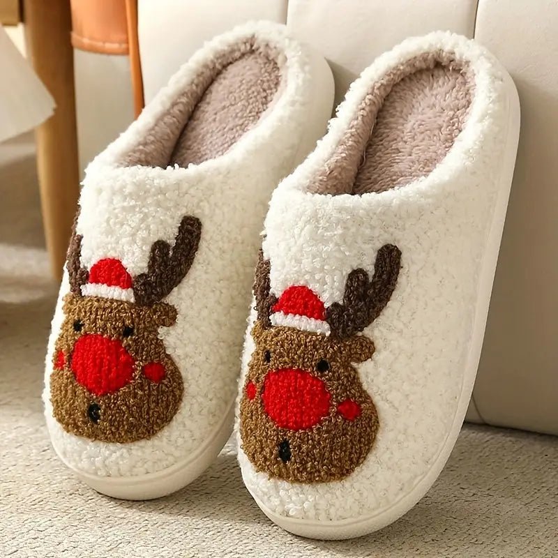 Soft, warm, & comfortable unisex house slippers with festive deer. Non-slip sole for indoor use.