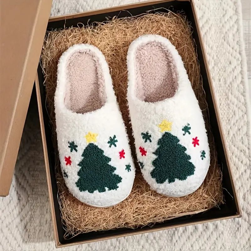 Indoor winter house slippers with a festive deer motif. Warm, plush, & non-slip sole for cozy home comfort.