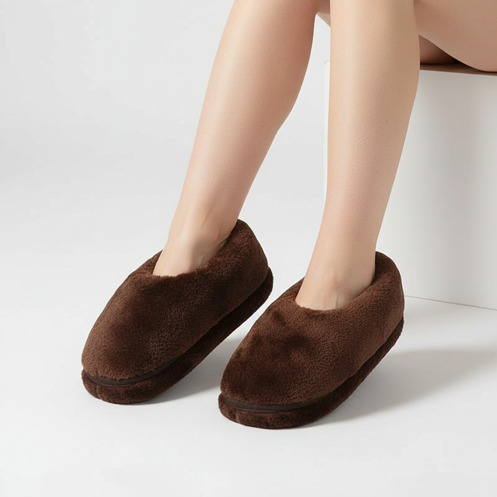 Unisex USB-powered heated slippers in a soft grey, perfect for indoor warmth.