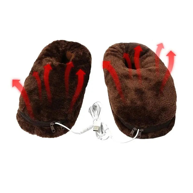 Pair of gray heated slippers connected via USB for ultimate winter foot warmth.