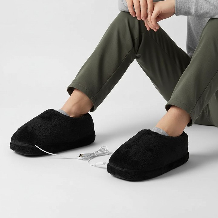 Winter comfort: gray USB heated slippers for cozy, warm feet at home.