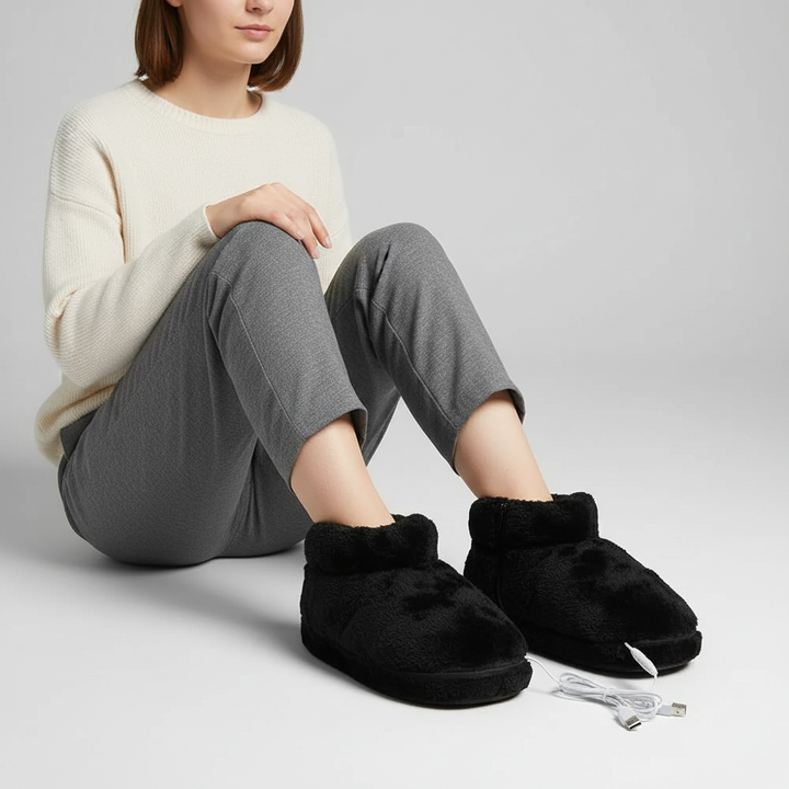 Warmfoot USB heated plush slippers for men and women, offering ultimate indoor comfort.