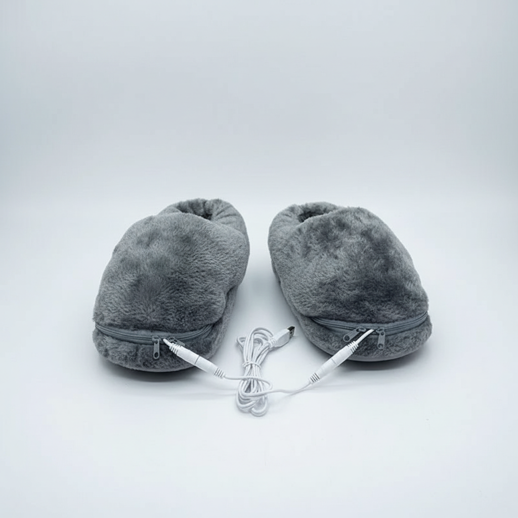Close-up of cozy gray USB heated slippers, showcasing their soft texture and warmth.