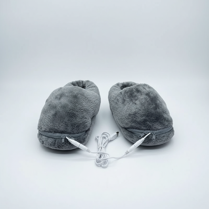Close-up of cozy gray USB heated slippers, showcasing their soft texture and warmth.