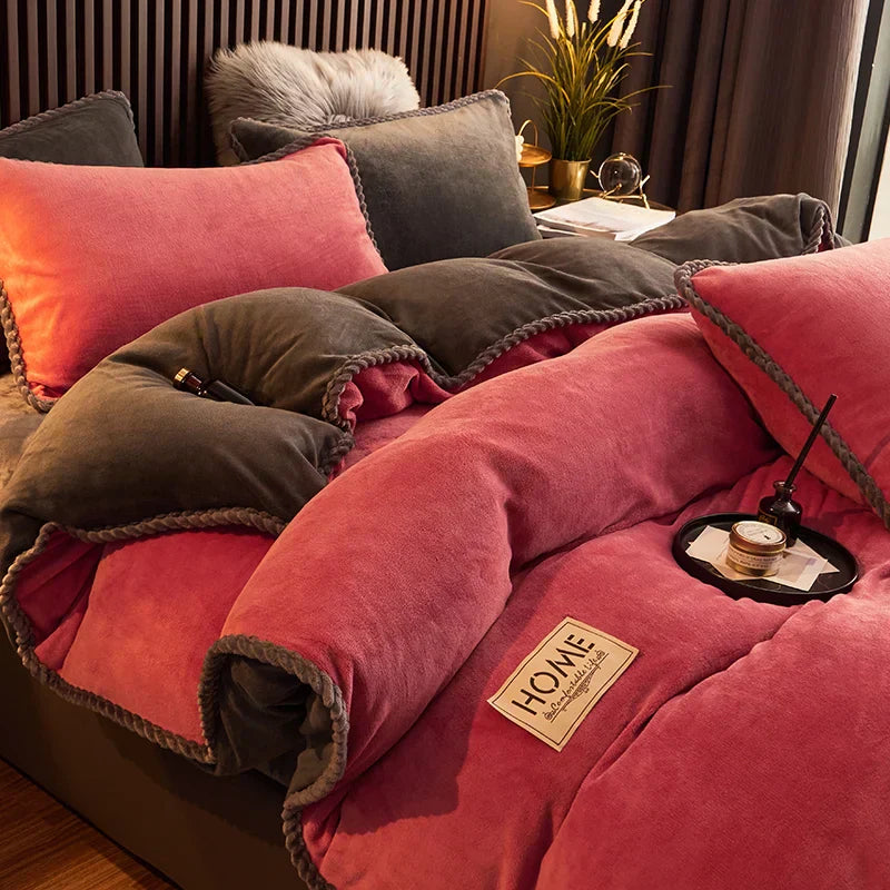 Plush velvet fleece duvet cover set in a cozy bedroom setting, perfect for winter warmth and soft bedding.